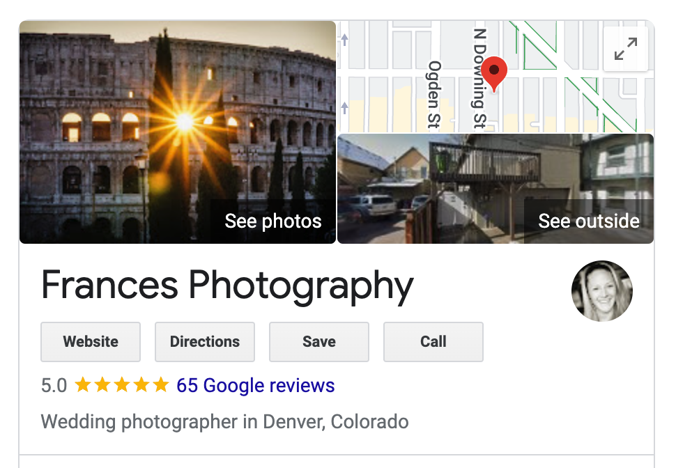 Google my business profile screenshot of Frances Photography